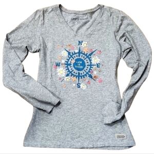 LIFE IS GOOD, EUC, XS gray v-neck, long sleeved tee with compass and flo…